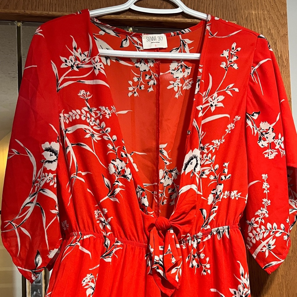 Red Floral Romper with Tie Front